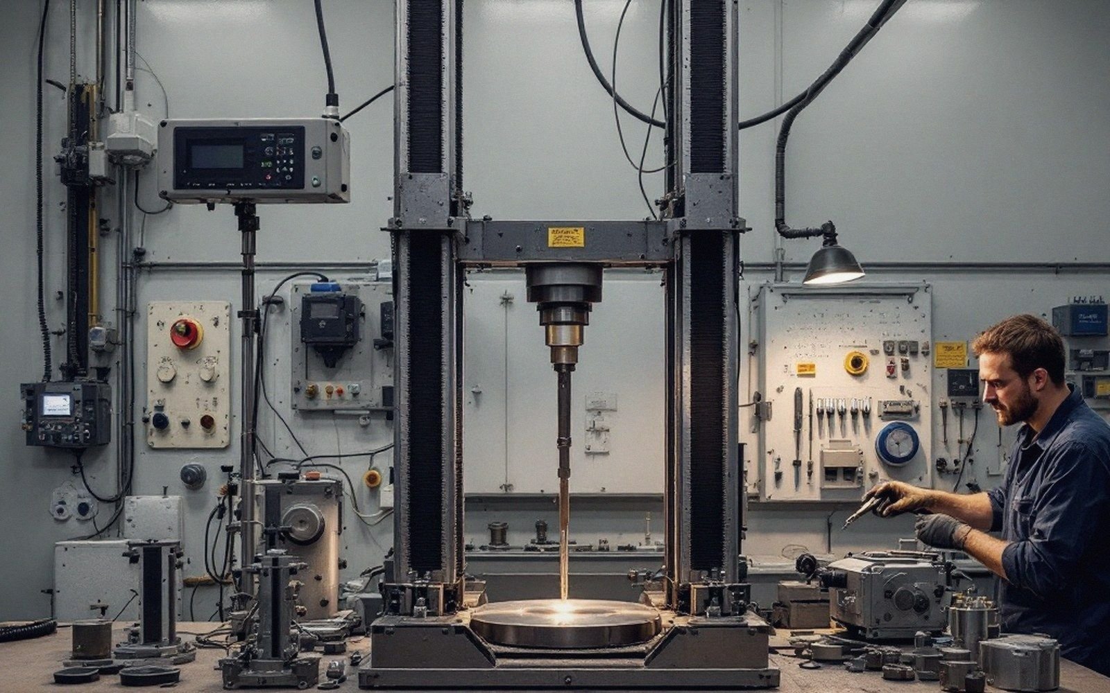 A universal testing machine mid-pull, specimen in the jaws, load frame and crosshead visible